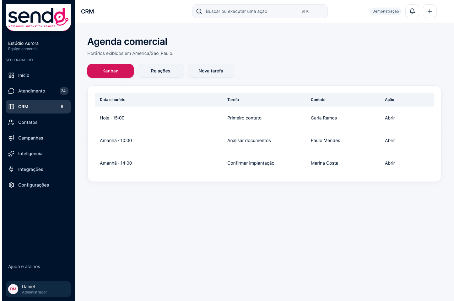 Protótipo Sendd: agenda comercial com datas, tarefas e contatos