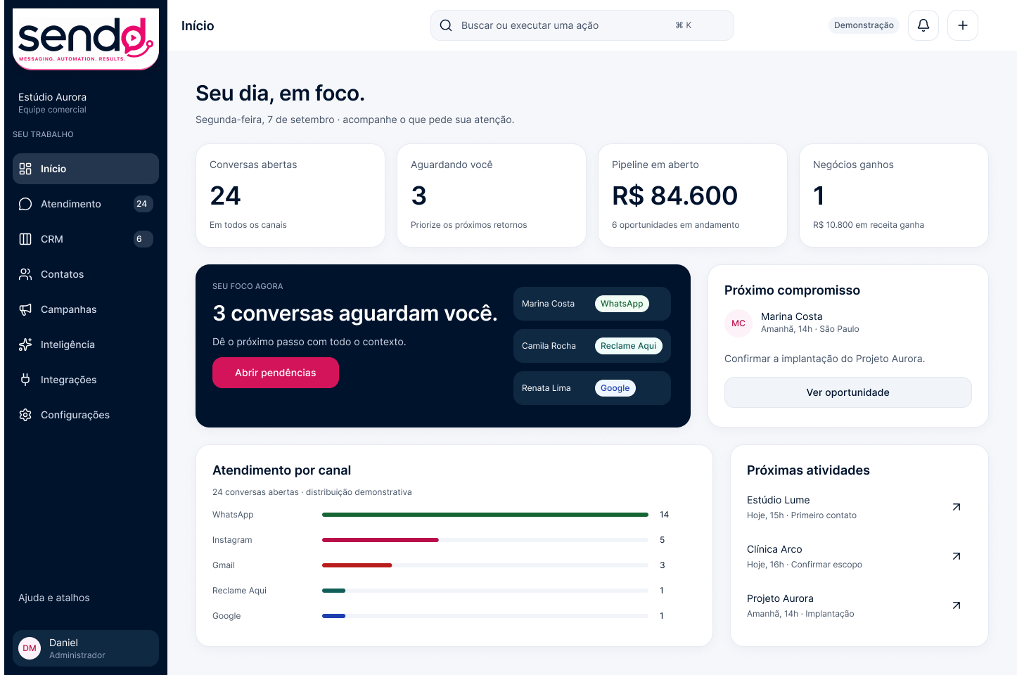 Sendd — Seu dia, em foco. Versão para computador.