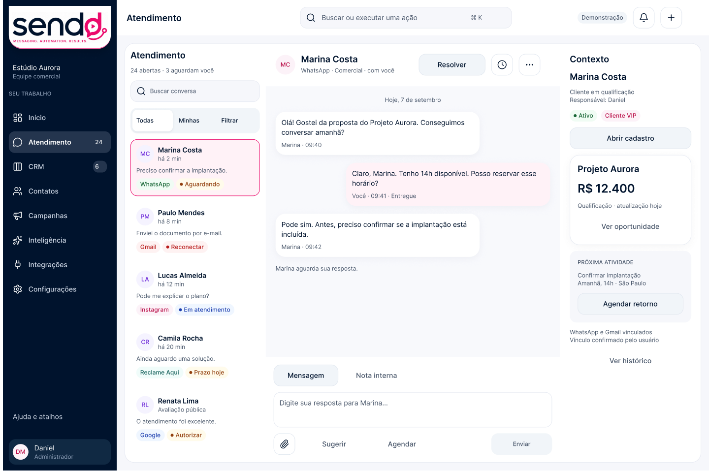 Protótipo Sendd: atendimento com conversa, histórico do contato e próxima atividade